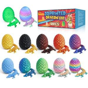 Flavery 12팩 3D 프린팅 드래곤 - 생일 선물, 애완동물 드래곤이 피젯 장난감, 책상 달걀, 스터퍼 크리스탈 귀여운 피규어 바구니 유연한 미니 부활절 들어있는 보석 크리스마스,