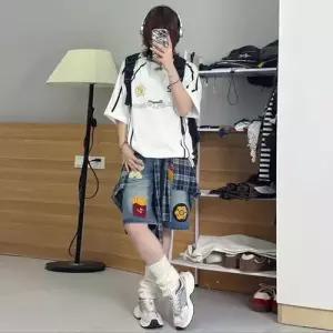 바지 청 가을 여자데님반바지 일자 자수 반바지 빅사이즈 하이웨스트 슬림핏 와이드 5부 ible3