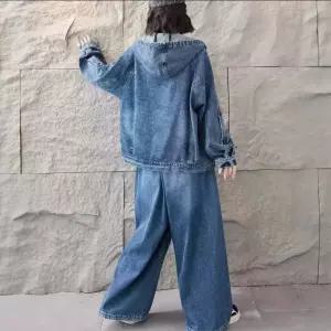 캐주얼 빈티지 여성용 데님 후드 대디 정장세트 카디건+ 세트 원픽1