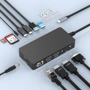 [미국배송] MS SURFACE THUNDERBOLT 4 도크 트리플 디스플레이 4K HDMI*2+VGA 12 IN 1 PRO 도킹 스테이션 11 / 10 9 8 X 7 + 노트북 6 5 3 GO 스튜디오용 전원 어댑터 포함