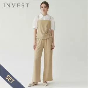 [인베스트] 셔츠 배색 셔링 블라우스+팬츠 세트_IN6M1BL5381