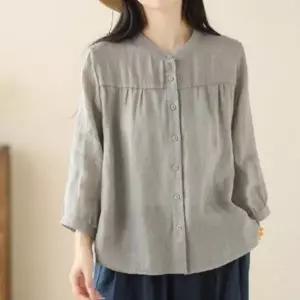 여성 여름 린넨 블라우스 반팔 상의 티셔츠 단추 셔츠