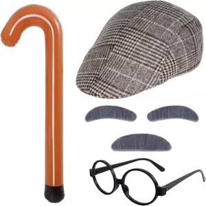 Rthjsfj 5Pcs 노인 할아버지 의상 키트 - 회색 콧수염과 눈썹 안경 플랫 모자 풍선 지팡이 세트