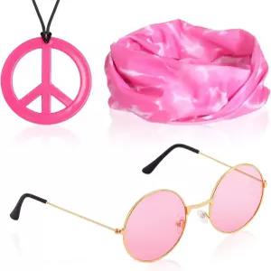 노르메 3종 히피 코스튬 액세서리 70년대 피스 사인 목걸이 타이 다이 헤드밴드 선글라스 카니발 파티 장식
