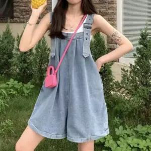 여성 여자 청바지 귀여운 연청 멜빵 와이드 통 반 바지 점프수트 데님 팬츠