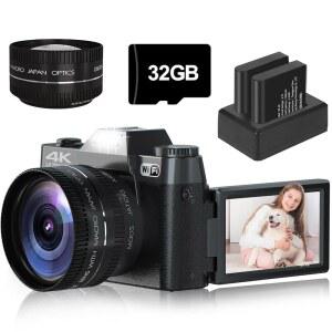 [미국배송] 디지털 카메라 4K 56MP 브이로그 카메라(오토포커스 포함) 16배 줌 3인치 180 플립 스크린(와이파이 32GB TF 카드 및 배터리 2개(블랙)