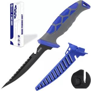 물고기를 위한 붐 낚시 필레 나이프 칼집과 샤프너가 있는 5인치 면도날 날카로운 스테인리스 스틸 미끼 -