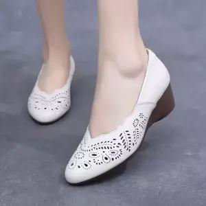 여친 여름 빈티지 웨지힐 샌들 슈즈 펀칭 리얼 가죽 웨지 통기성 풀오버 스틸레토 ST5