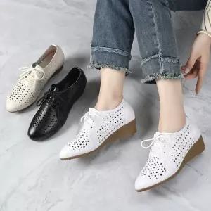 여친 춘하 빈티지 소근 웨지힐 가죽 펀칭 슈즈 통굽 웨지 리얼 샌들 ST5