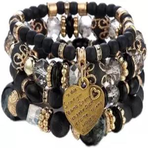 텐홍2021 보호 스태커블 비즈 팔찌 여성용 혼합 색상 다층 스트레치 세트 크리스탈 스톤 하트 레터 골드 참