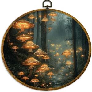 XPH 마법의 숲 버섯 원형 벽 아트 액자 기발한 장식 신비로운 자연 매달기 캔버스 프린트 가정용 거실