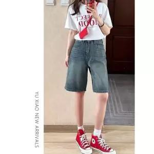 아브릴 팬츠 청 슬림 얇은 반바지 일자 하이웨스트 와이드핏 빅사이즈 여성데님반바지 5부 UNO1