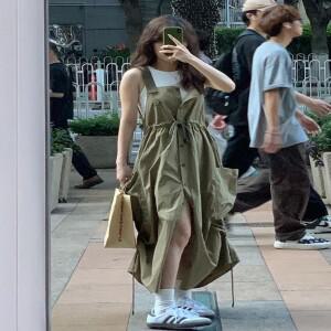 레트로 일본 스타일 작업복 스커트 드레스 여성용 여름 끈 조임 허리 루즈 캐주얼 디자인 큰 주머니 포함