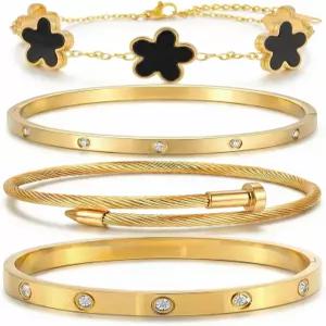 여성용 ISELBDR 18K 골드 팔찌 - 스태커블 클로버 네일 러브 뱅글 세트 생일 발렌타인 어버이날 및