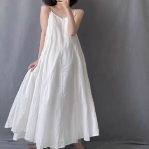 레트로 린넨 베스트 드레스 여성 여름 루즈 슬림 더블 레이어 코튼 린넨 홀터 롱 스커트 심플 스타일 캐주