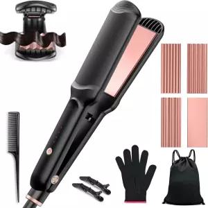전문가용 헤어 크림퍼 스트레이트너 4-in-1 세트 지그재그 웨이브 크림프 및 매끄러운 스타일 연출 한 윤기