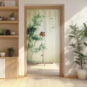 대나무 잎 나비 문 커튼 녹색 베이지 잉크 스타일 반투명 차방이나 사무실 장식에 적합