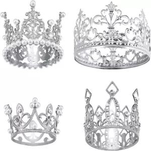 페레이클 4피스 실버 크라운 케이크 탑퍼 생일 미니 꽃다발 컵케이크 크리스탈 펄 티아라 웨딩 탑 헤어