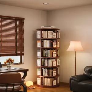 원목 360도 3단 회전 코너책장 바닥설치형 이동식 수납 선반 거실 사무실 인테리어 책꽂이