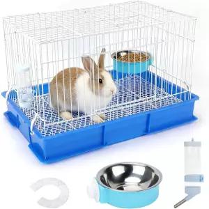 BWOGUE 작은 토끼 우리 실내 물통이 있는 기니피그 걸 수 음식 접시 및 격자 메쉬 바닥 햄스터 페럿 쥐