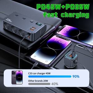226W 차량용 충전기 고속 충전 시거잭 분배 어댑터 PD QC3.0 USB 전압 디스플레이 전후면 충전 12V 24V 트