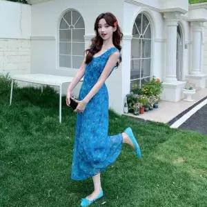 원피스 빈티지 여자 프린트티 슬림핏 프렌치 롱스커트 로맨틱 KS1