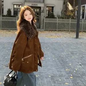 여자 빈티지 일체형 코트 숄 털 세무 점퍼 도톰 모피 칼라 보온 멜라 CH1