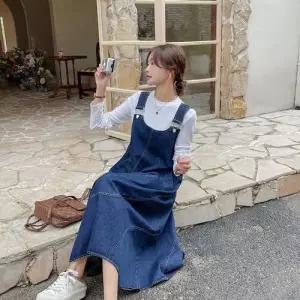 청 원피스 치마 여친 캐주얼 빈티지 가을 멜빵 A라인 청치마 CH3