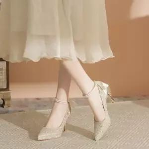 SMK 여친 샴페인 힐 진주 펌프스 지치지 하이힐 단화 않는 스팽글 체인 리본 가보시 굽이 프렌치 JEN5