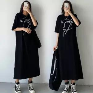 여자 페이스 얼굴 블랙 색상 편한 라운드 반팔 원피스