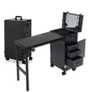 SJD LACE 롤링 매니큐어 테이블 접이식 네일 데스크 4 서랍, 메이크업 오거나이저 블루티 스피커 온 휠, 테크니션 워크스테이션 살롱용 LED 미러 TSA 잠금 기능이 있는 여행용 케이스