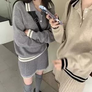 니트 투피스 세트 카라 베이직 스커트