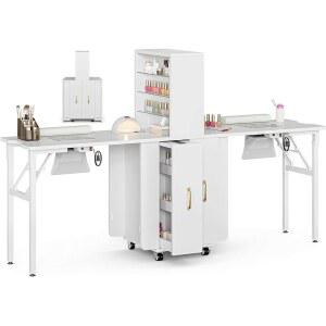TTGIEET 양면 매니큐어 테이블 접이식, 접이식 이중 네일 책상(먼지 집진기 2개 포함), 열린 선반 및 수납 서랍 2개, 스테이션(손목 쿠션 롤링 휠 4개(화이트)