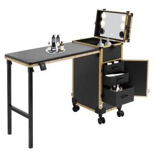 njxbrek 롤링 매니큐어 테이블 접이식 네일 데스크 3 서랍, LED 미러 여행용 메이크업 케이스가 있는 바퀴 달린 정리함 (블랙+골드)