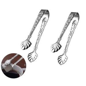 시샤오 2개 스테인리스 스틸 로즈 디자인 U자형 집게, 티 파티 커피 바용 미니 슈가 큐브 얼음 집게(실버)