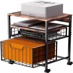 ZNMYDMT 4단 롤링 파일 카트 2드로어 모바일 캐비닛 및 걸이식 정리함이 있는 프린터 스탠드 - 다크 브라운