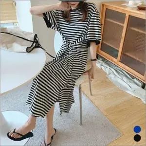 반팔롱원피스 데일리 여름 단가라 캐주얼 롱원피스 여자 허리셔링