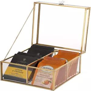 뚜껑이 있는 엘두 골드 유리 티백 박스 설탕 포장을 위한 장신구 상자 조리대 수납 스펀지 4개 격자 전용