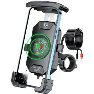 Qi 15W 무선 충전기 및 PD/USB-C 20W 고속 충전 포트가 있는 BRCovan 모터사이클 휴대폰 거치대, [1초 잠금] 알루미늄 합금 핸들바 장착 베이스가 4-7인치 스마트폰용 거치대