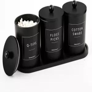 욕실용 유리 큐팁 홀더 뚜껑이 있는 검은색 면 원형 면봉 패드 디스펜서 대나무 트레이가 치실 픽 스쿱이