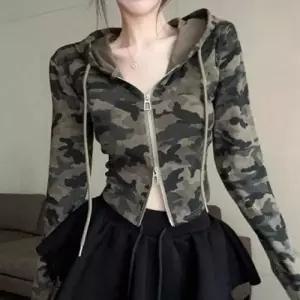 여성 크롭 후드집업 카모 긴팔 후디