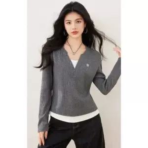 여자 투피스 페이크 긴팔 봄옷 티 상의 빅사이즈 셔츠 브이넥 데일리 SPO마켓1