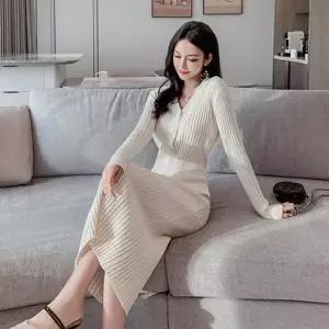 [하프클럽/]날씬해보이는 여신 골지 텍스쳐 슬림 롱원피스 V넥 여리여리 페