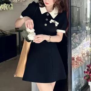 [하프클럽/]카라 배색 반팔 리본브로치 블랙 플레어미니원피스 NF-63