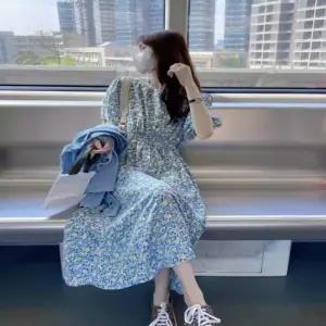 반팔원피스 여성 블루컬러 화사한 플라워패턴 반팔 롱원피스