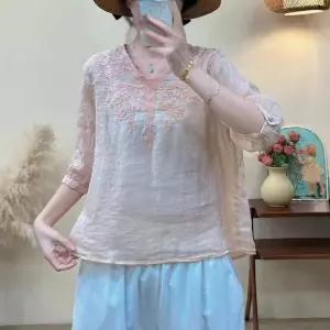 M1 여사친 하계 루즈핏 솔리드자수 상의 날씬자수맨투맨 모시 브이넥 셔츠 JEN1