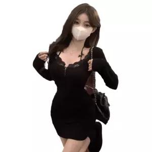 원피스 스커트 흰색 가을 레이스 홀터넥 긴팔 허리조임 타이트 힙 랩 슬림 ible3