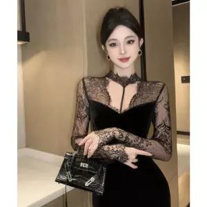 원피스 롱 레이스 시스루 파티룩 긴팔 드레스 슬림핏 벨벳 ible3