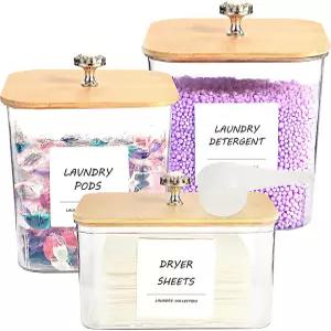 세제 파우더 건조기 볼 비드용 뚜껑 스쿱 및 라벨이 있는 3팩 세탁실 정리 보관 용기 플라스틱 투명 세탁