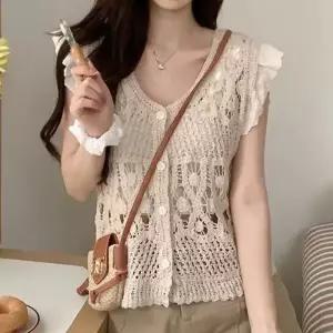 [라일리여성의류] Rly 뜨개 여름 니트 조끼 여성 가디건 베이지